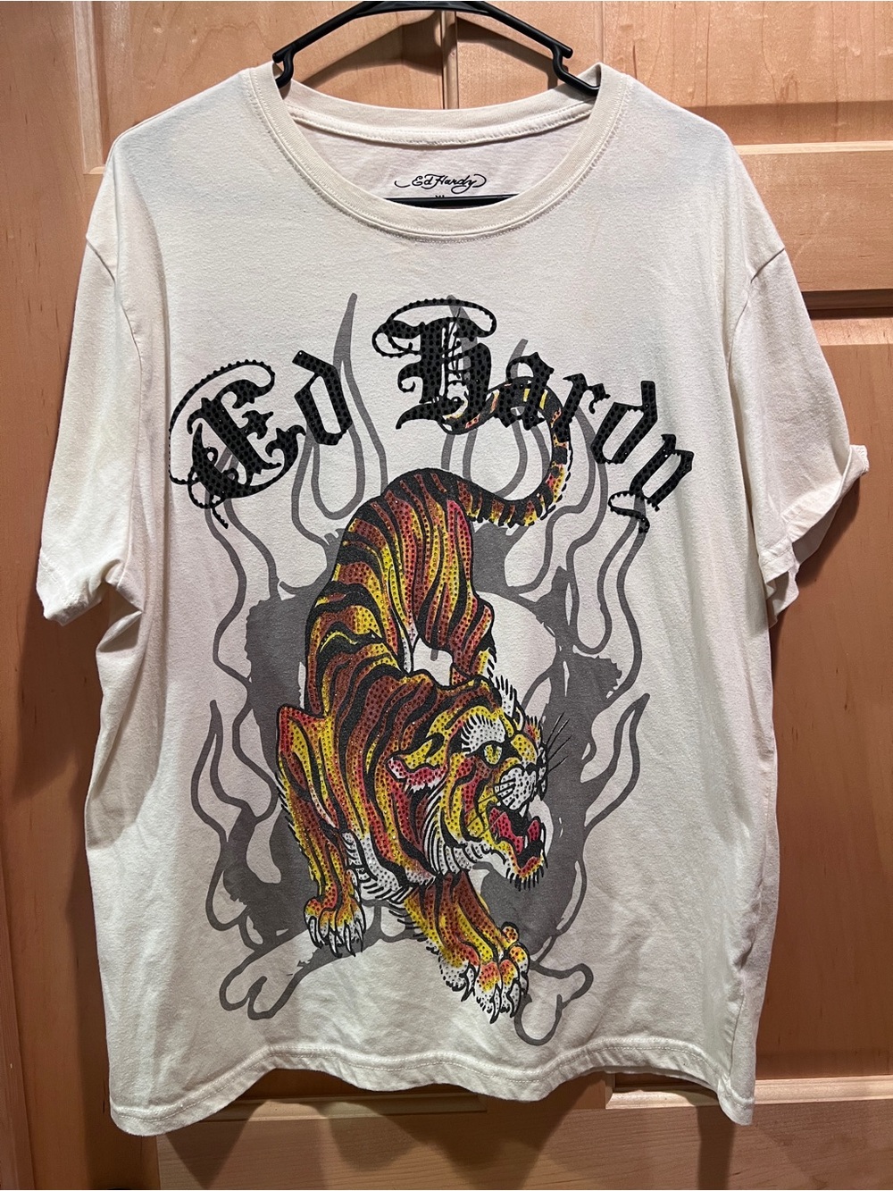 Ed Hardy Men's Crawling Tiger Rhinestone Cream Short Sleeve T-Shirt XL